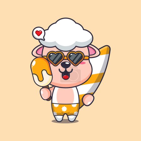 Illustration for Cute sheep with surfboard holding ice cartoon illustration. Cute summer cartoon illustration. - Royalty Free Image