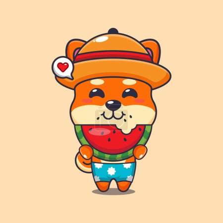 Illustration for Cute shiba inu eating fresh watermelon cartoon illustration. Cute summer cartoon illustration. - Royalty Free Image