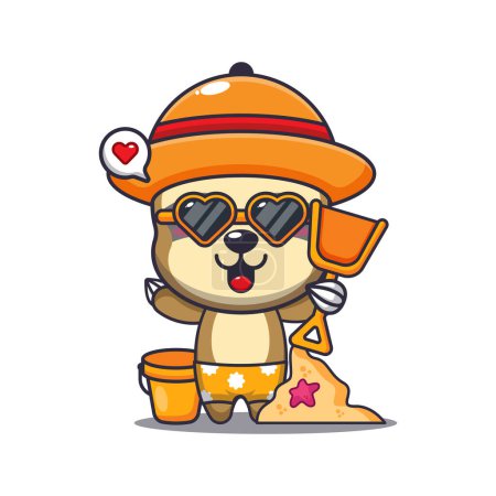 Illustration for Cute sloth in sunglasses play sand beach cartoon illustration. Cute summer cartoon illustration. - Royalty Free Image