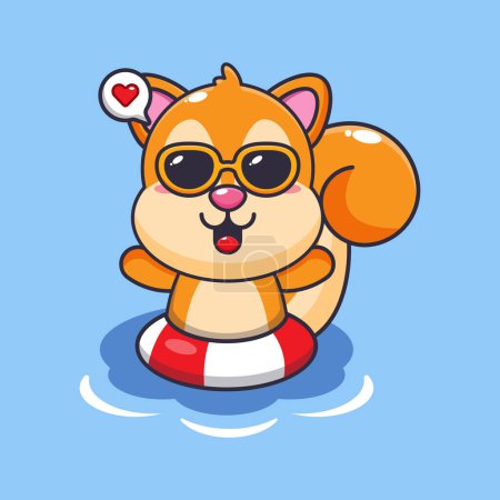 Illustration for Cute squirrel in sunglasses swimming on beach. Cute summer cartoon illustration. - Royalty Free Image