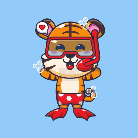 Illustration for Cute tiger diving cartoon mascot character illustration. Cute summer cartoon illustration. - Royalty Free Image