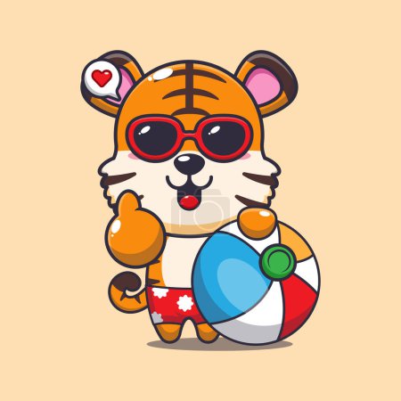 Illustration for Cute tiger in sunglasses with beach ball cartoon illustration. Cute summer cartoon illustration. - Royalty Free Image