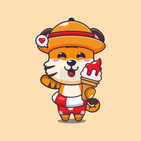 Illustration for Cute tiger with ice cream on beach cartoon illustration. Cute summer cartoon illustration. - Royalty Free Image