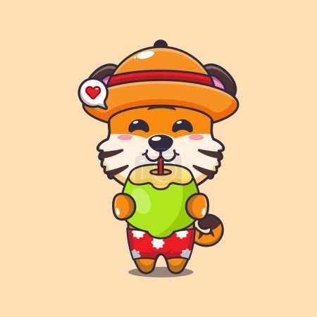 Illustration for Cute tiger drink coconut cartoon illustration. Cute summer cartoon illustration. - Royalty Free Image