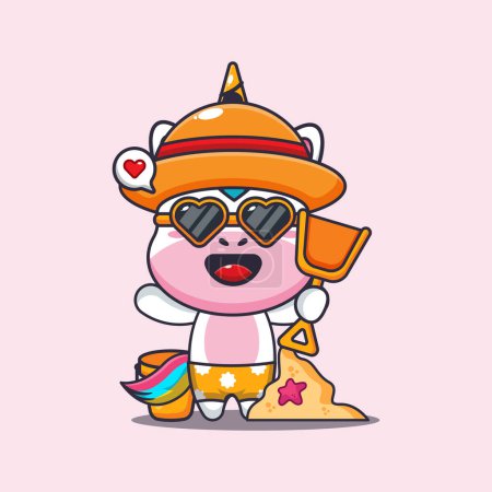Illustration for Cute unicorn in sunglasses play sand beach cartoon illustration. - Royalty Free Image
