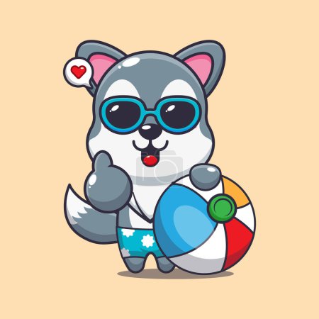Illustration for Cute wolf in sunglasses with beach ball cartoon illustration - Royalty Free Image