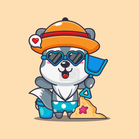 Illustration for Cute wolf in sunglasses play sand beach cartoon illustration. - Royalty Free Image