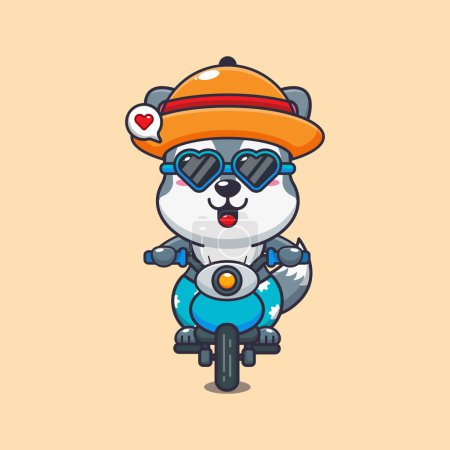 Illustration for Cool wolf with sunglasses riding a motorcycle in summer day. - Royalty Free Image