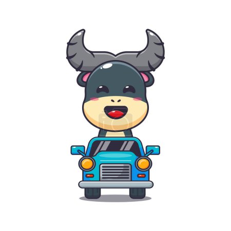 Ilustración de Lindo paseo de búfalo en el coche de dibujos animados vector illustration.Vector ilustración adecuada para cartel, folleto, web, mascota, etiqueta engomada, logotipo e icono. - Imagen libre de derechos
