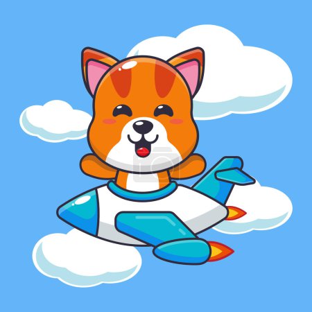 Illustration for Cute cat mascot cartoon character ride on plane jet. Vector cartoon Illustration suitable for poster, brochure, web, mascot, sticker, logo and icon. - Royalty Free Image