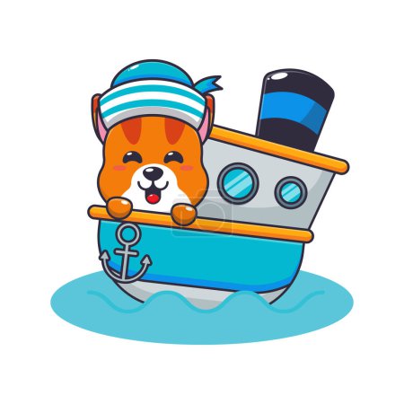 Illustration for Cute cat mascot cartoon character on the ship. Vector cartoon Illustration suitable for poster, brochure, web, mascot, sticker, logo and icon. - Royalty Free Image