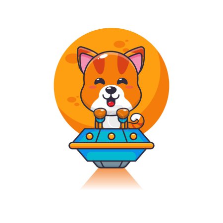 Illustration for Cute cat mascot cartoon character fly with ufo. Vector cartoon Illustration suitable for poster, brochure, web, mascot, sticker, logo and icon. - Royalty Free Image