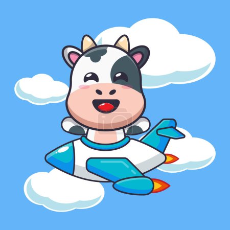 Illustration for Cute cow mascot cartoon character ride on plane jet. Vector cartoon Illustration suitable for poster, brochure, web, mascot, sticker, logo and icon. - Royalty Free Image