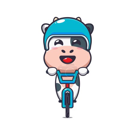 Illustration for Cute cow mascot cartoon character ride on bicycle. Vector cartoon Illustration suitable for poster, brochure, web, mascot, sticker, logo and icon. - Royalty Free Image