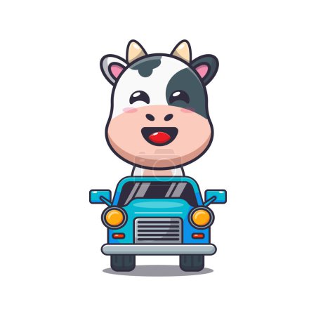 Téléchargez les illustrations : Mascotte de vache mignonne personnage de dessin animé balade en voiture. Illustration vectorielle pour affiche, brochure, web, mascotte, autocollant, logo et icône. - en licence libre de droit