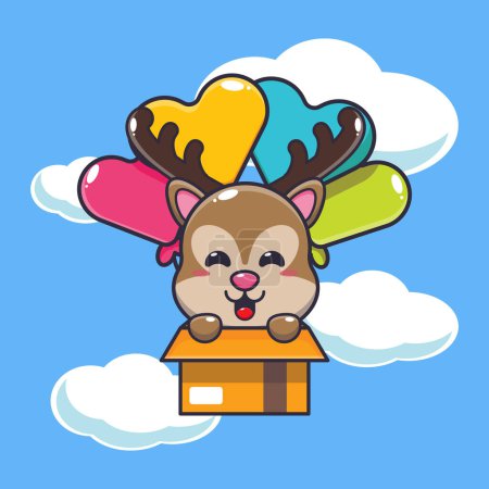 Illustration for Cute deer mascot cartoon character fly with balloon. Vector cartoon Illustration suitable for poster, brochure, web, mascot, sticker, logo and icon. - Royalty Free Image