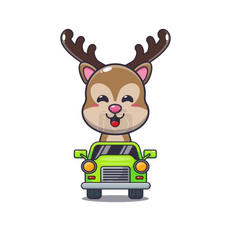 Illustration for Cute deer mascot cartoon character ride on car. Vector cartoon Illustration suitable for poster, brochure, web, mascot, sticker, logo and icon. - Royalty Free Image