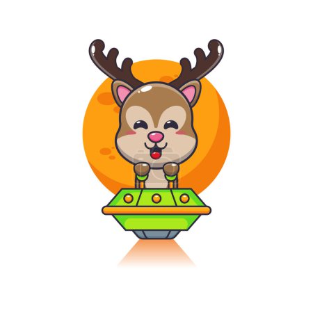 Illustration for Cute deer mascot cartoon character fly with ufo. Vector cartoon Illustration suitable for poster, brochure, web, mascot, sticker, logo and icon. - Royalty Free Image