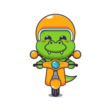 Téléchargez les illustrations : Mascotte de dino mignon personnage de dessin animé tour sur scooter. Illustration vectorielle pour affiche, brochure, web, mascotte, autocollant, logo et icône. - en licence libre de droit