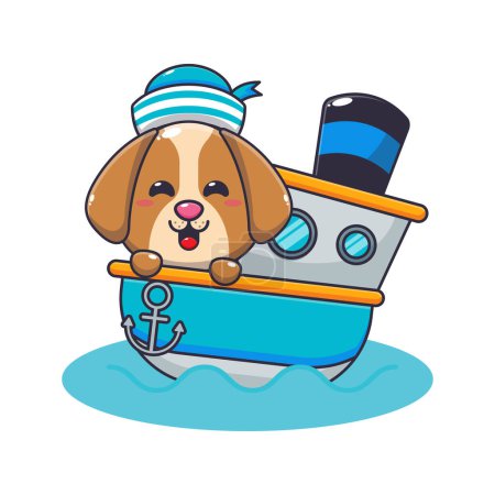 Téléchargez les illustrations : Mascotte de chien mignon personnage de dessin animé sur le navire. Illustration vectorielle pour affiche, brochure, web, mascotte, autocollant, logo et icône. - en licence libre de droit