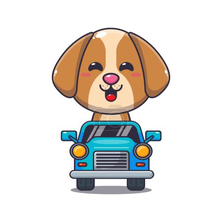 Téléchargez les illustrations : Mascotte de chien mignon personnage de dessin animé balade en voiture. Illustration vectorielle pour affiche, brochure, web, mascotte, autocollant, logo et icône. - en licence libre de droit