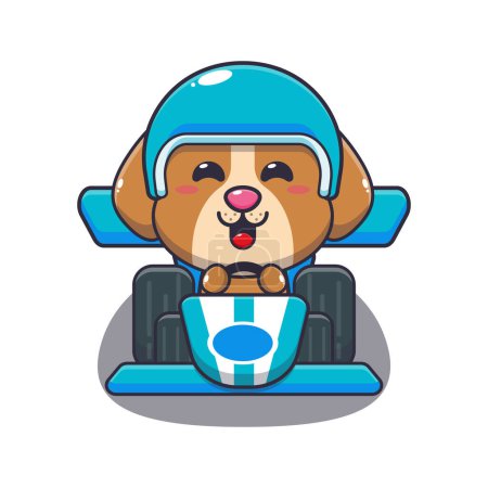 Téléchargez les illustrations : Mascotte de chien mignon personnage de dessin animé équitation voiture de course. Illustration vectorielle pour affiche, brochure, web, mascotte, autocollant, logo et icône. - en licence libre de droit