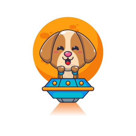 Illustration for Cute dog mascot cartoon character fly with ufo. Vector cartoon Illustration suitable for poster, brochure, web, mascot, sticker, logo and icon. - Royalty Free Image