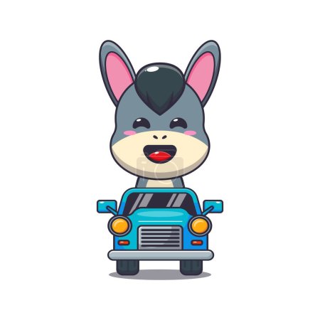 Illustration for Cute donkey mascot cartoon character ride on car. Vector cartoon Illustration suitable for poster, brochure, web, mascot, sticker, logo and icon. - Royalty Free Image