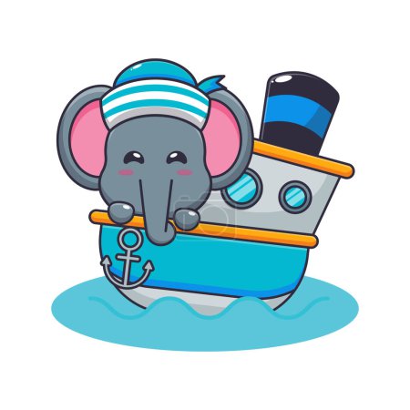 Téléchargez les illustrations : Mignon personnage de dessin animé de mascotte d'éléphant sur le navire. Illustration vectorielle pour affiche, brochure, web, mascotte, autocollant, logo et icône. - en licence libre de droit