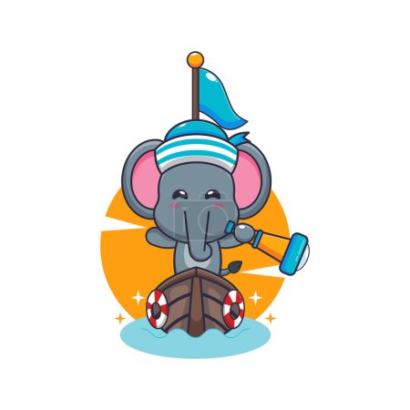 Illustration for Cute elephant mascot cartoon character on the boat. Vector cartoon Illustration suitable for poster, brochure, web, mascot, sticker, logo and icon. - Royalty Free Image