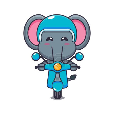 Téléchargez les illustrations : Mascotte mignonne éléphant personnage de dessin animé tour sur scooter. Illustration vectorielle pour affiche, brochure, web, mascotte, autocollant, logo et icône. - en licence libre de droit