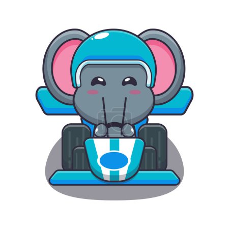 Téléchargez les illustrations : Mascotte mignonne éléphant personnage de dessin animé équitation voiture de course. Illustration vectorielle pour affiche, brochure, web, mascotte, autocollant, logo et icône. - en licence libre de droit