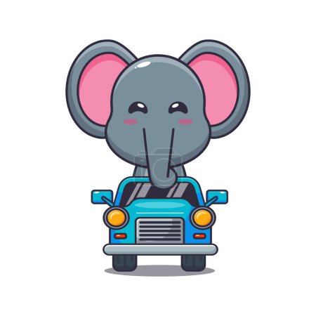 Téléchargez les illustrations : Mignon éléphant mascotte personnage de dessin animé balade en voiture. Illustration vectorielle pour affiche, brochure, web, mascotte, autocollant, logo et icône. - en licence libre de droit