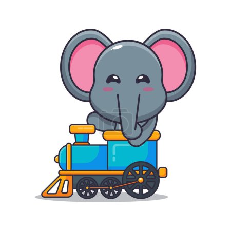 Téléchargez les illustrations : Mascotte d'éléphant mignon personnage de dessin animé tour dans le train. Illustration vectorielle pour affiche, brochure, web, mascotte, autocollant, logo et icône. - en licence libre de droit