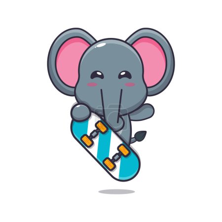Téléchargez les illustrations : Mignonne mascotte d'éléphant personnage de dessin animé avec planche à roulettes. Illustration vectorielle pour affiche, brochure, web, mascotte, autocollant, logo et icône. - en licence libre de droit