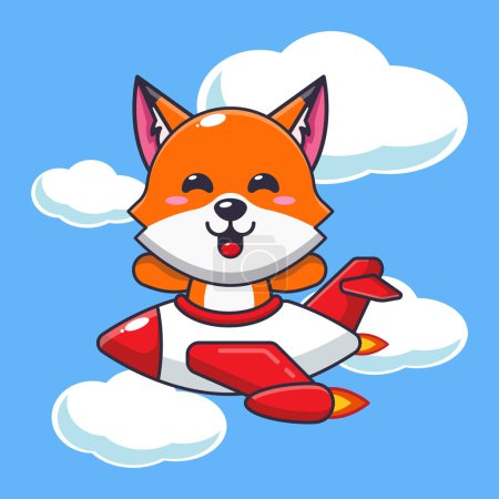 Illustration for Cute fox mascot cartoon character ride on plane jet. Vector cartoon Illustration suitable for poster, brochure, web, mascot, sticker, logo and icon. - Royalty Free Image