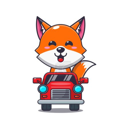 Illustration for Cute fox mascot cartoon character ride on car. Vector cartoon Illustration suitable for poster, brochure, web, mascot, sticker, logo and icon. - Royalty Free Image