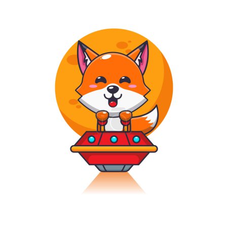 Illustration for Cute fox mascot cartoon character fly with ufo. Vector cartoon Illustration suitable for poster, brochure, web, mascot, sticker, logo and icon. - Royalty Free Image