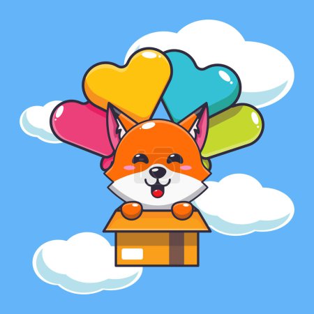 Illustration for Cute fox mascot cartoon character fly with balloon. Vector cartoon Illustration suitable for poster, brochure, web, mascot, sticker, logo and icon. - Royalty Free Image
