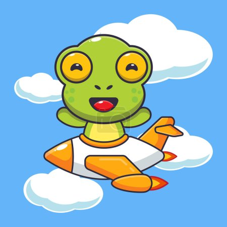 Téléchargez les illustrations : Mascotte de grenouille mignonne personnage de dessin animé tour sur avion jet. Illustration vectorielle pour affiche, brochure, web, mascotte, autocollant, logo et icône. - en licence libre de droit