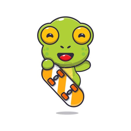 Téléchargez les illustrations : Mascotte de grenouille mignon personnage de dessin animé avec planche à roulettes. Illustration vectorielle pour affiche, brochure, web, mascotte, autocollant, logo et icône. - en licence libre de droit