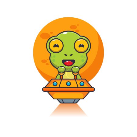 Illustration for Cute frog mascot cartoon character fly with ufo. Vector cartoon Illustration suitable for poster, brochure, web, mascot, sticker, logo and icon. - Royalty Free Image