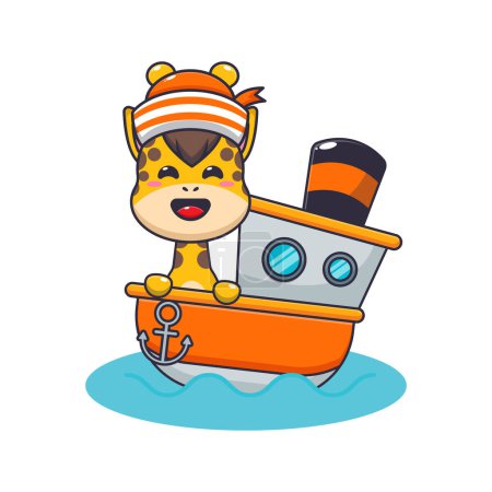 Ilustración de Linda jirafa mascota personaje de dibujos animados en el barco. Dibujos animados vectoriales Ilustración adecuada para póster, folleto, web, mascota, etiqueta engomada, logotipo e icono. - Imagen libre de derechos