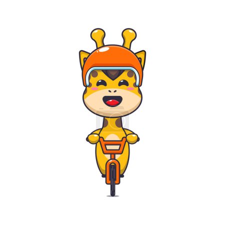 Téléchargez les illustrations : Mascotte de girafe mignonne personnage de dessin animé balade à vélo. Illustration vectorielle pour affiche, brochure, web, mascotte, autocollant, logo et icône. - en licence libre de droit