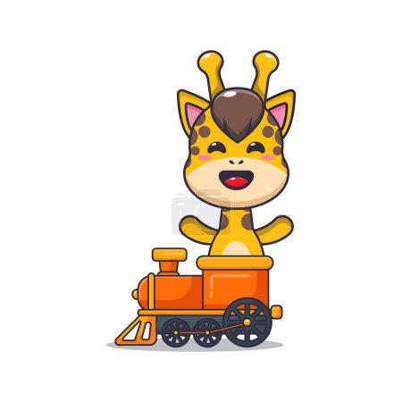 Téléchargez les illustrations : Mascotte de girafe mignonne personnage de dessin animé tour dans le train. Illustration vectorielle pour affiche, brochure, web, mascotte, autocollant, logo et icône. - en licence libre de droit