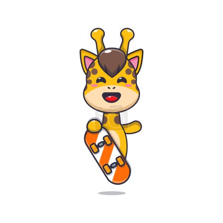 Téléchargez les illustrations : Mascotte de girafe mignon personnage de dessin animé avec skateboard. Illustration vectorielle pour affiche, brochure, web, mascotte, autocollant, logo et icône. - en licence libre de droit