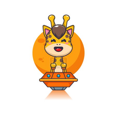 Illustration for Cute giraffe mascot cartoon character fly with ufo. Vector cartoon Illustration suitable for poster, brochure, web, mascot, sticker, logo and icon. - Royalty Free Image