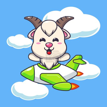 Téléchargez les illustrations : Mascotte de chèvre mignonne personnage de dessin animé tour sur avion jet. Illustration vectorielle pour affiche, brochure, web, mascotte, autocollant, logo et icône. - en licence libre de droit