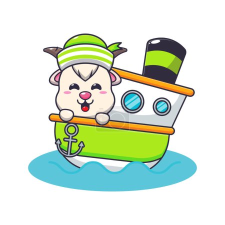 Illustration for Cute goat mascot cartoon character on the ship. Vector cartoon Illustration suitable for poster, brochure, web, mascot, sticker, logo and icon. - Royalty Free Image