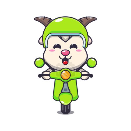 Téléchargez les illustrations : Mascotte de chèvre mignonne personnage de dessin animé tour sur scooter. Illustration vectorielle pour affiche, brochure, web, mascotte, autocollant, logo et icône. - en licence libre de droit